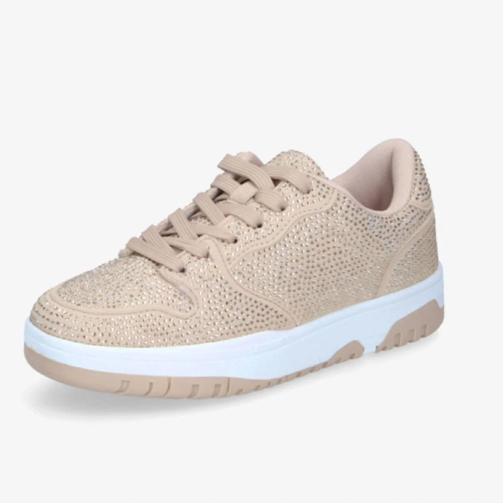 Kids Beige Rhinestone Lace-Up Sneakers
